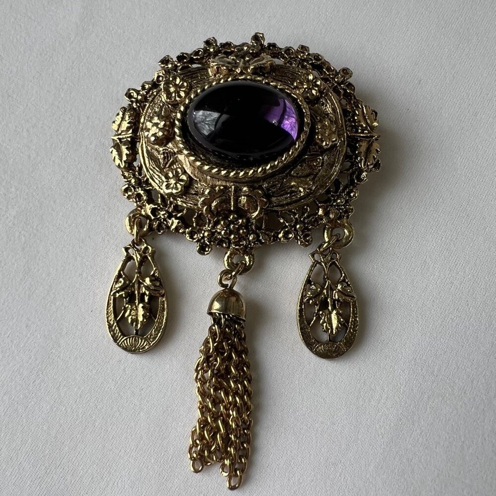 Vintage Style French Gothic Ornate Purple Lucite Stone Estate Chain Pin Brooch